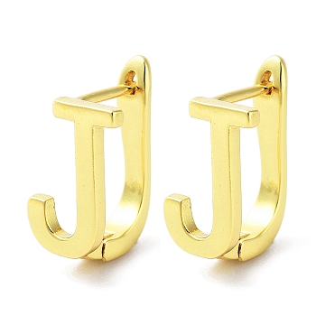 Brass Letter Stud Earrings for Women, Lead Free & Cadmium Free, Real 18K Gold Plated, Letter J, 15.5x9mm