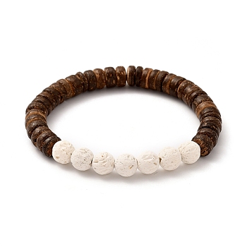 Stretch Bracelets, with Round Natural Lava Rock(Dyed) Beads and Rondelle Natural Coconut Beads, Coconut Brown, Inner Diameter: 2-1/8 inch(5.5cm)