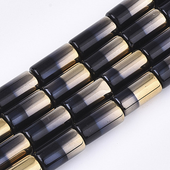 Half Electroplate Glass Beads Strands, Column, Black, 19.5~20x10mm, Hole: 1.4mm, about 15~17pcs/strand, 13.39 inch(34cm)