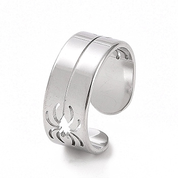304 Stainless Steel Hollow Out Spider Open Cuff Ring for Women, Stainless Steel Color, Inner Diameter: 17mm