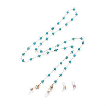 Eyeglasses Chains, Neck Strap for Eyeglasses, with Round Synthetic Turquoise Beads, Brass Cable Chains, 304 Stainless Steel Lobster Claw Clasps and Rubber Loop Ends, Golden, Dark Cyan, 30.90 inch~31.29 inch(78.5~79.5cm)