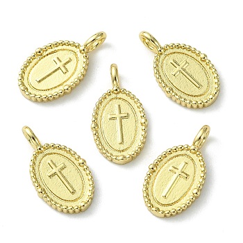Rack Plating Brass Pendants,  Long-Lasting Plated, Lead Free & Cadmium Free, Oval with Cross Charm, Real 18K Gold Plated, 15x8.5x2mm, Hole: 1.8x2.5mm