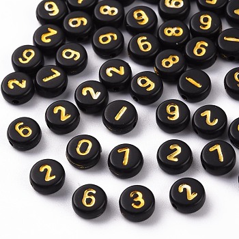 Opaque Black Acrylic Beads, Metal Enlaced, Flat Round with Golden Number, Black, 7x3.5mm, Hole: 1.2mm, about 4000pcs/500g