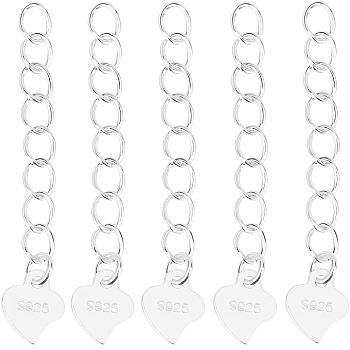 10Pcs 925 Sterling Silver Curb Chains Extender, End Chains with Heart Chain Tabs, with 925 Stamp, Silver, 32mm