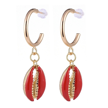 Brass Dangle Stud Earrings, with Alloy Enamel Beads and Plastic Ear Nuts, Cowrie Shell Shape, Red, 45~46mm, Pin: 0.8mm