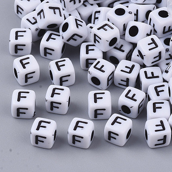 White Opaque Acrylic Beads, Horizontal Hole, Cube with Black Alphabet, Letter.F, 4~5x4~5x4~5mm, Hole: 1.8mm, about 6470~6500pcs/500g