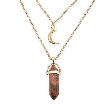 Natural Unakite Cone Pendant Double Layer Necklace, with Moon Charms, 19.69 inch(50cm)