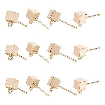 12Pcs Brass Stud Earring Findings, with Loops, Cube, Real 18K Gold Plated, 8x5mm, Hole: 1.5mm, Pin: 0.7mm