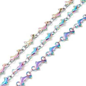 Rainbow Color 304 Stainless Steel Link Chains, Soldered, Dolphin, 12x5.5x1.5mm