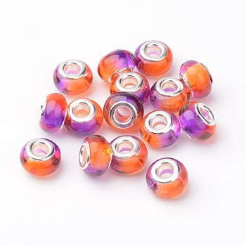 Resin European Beads, Large Hole Rondelle Beads, with Brass Cores, Silver Color Plated, Dark Violet, 14x9mm, Hole: 5mm
