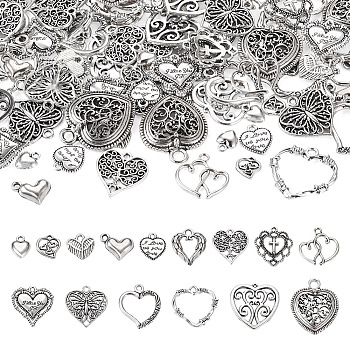 120PCS Tibetan Style Alloy Charms, Heart, Antique Silver, 9~30x7.5~25x1.5~4.5mm, Hole: 0.8~4mm