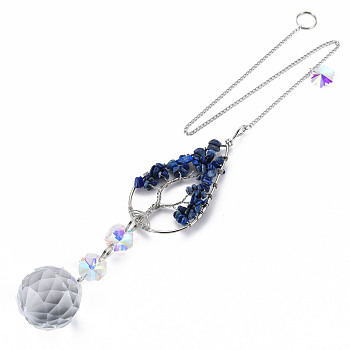 Natural Lapis Lazuli Big Pendants, with Platinum Brass Chain Extender and Findings, Plating Glass Flat Round & Flower, Clear AB Color, Teardrop with Tree of Life, 155mm, Hole: 3.5mm