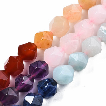 Chakra Theme Natural Tiger Eye & Rose Quartz & Amethyst & Topaz Jade & Red Agate & Amazonite & Sodalite Beads Strands, Star Cut Round Beads, Faceted, 8~10x7~8mm, Hole: 1mm, about 48~49pcs/strand, 15.35 inch(39cm)