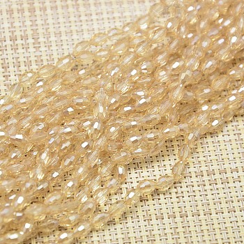 Electroplate Glass Beads Strands, Full Rainbow Plated, Faceted, Oval, Bisque, 6x4mm, Hole: 1mm, about 72pcs/strand, 16 inch