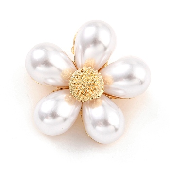 Alloy Resin Imitation Pearl Brooches, Flower, White, 30x31x11mm, Pin: 0.8mm