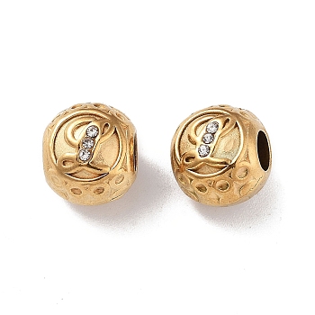304 Stainless Steel Rhinestone European Beads, Round Large Hole Beads, Real 18K Gold Plated, Round with Letter, Letter L, 11x10mm, Hole: 4mm