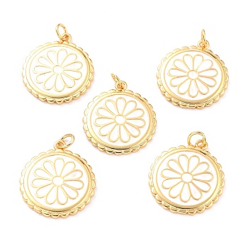 Real 18K Gold Plated Brass Pendants, with Enamel, Long-Lasting Plated, Flat Round with Flower, White, 22.5x19.5x2mm, Jump Ring: 5x1mm, 3mm Inner Diameter