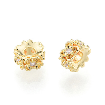 Brass Spacer Beads, with Crystal Rhinestone, Nickel Free, Flower, Real 18K Gold Plated, 5.5x3mm, Hole: 2mm
