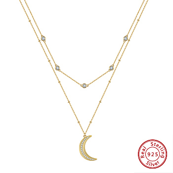 925 Sterling Silver Double Layer Necklaces, Micro Pave 5A Cubic Zirconia Moon Charm Necklaces, Real 14K Gold Plated, 15.98 inch(40.6cm)
