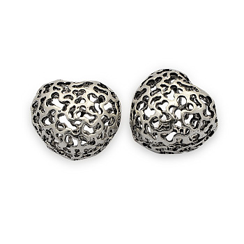 No Hole Brass Hollow Filigree Beads, Nickel Free, Heart, Antique Silver, 22x23x18mm