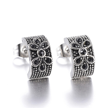 316 Surgical Stainless Steel Stud Earrings, with Rhinestones, Antique Silver, 12x6x8mm, Pin:0.8mm