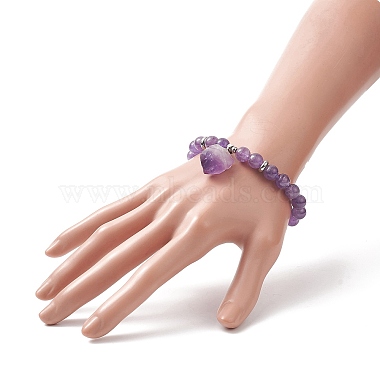 Round Natural Amethyst Beaded Stretch Bracelet with Nuggets Charms for Women(BJEW-JB09316-01)-3
