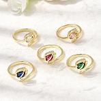 Brass Micro Pave Cubic Zirconia Cuff Open Rings for Women, Flower, Long-Lasting Plated, Rack Plating, Real 18K Gold Plated, Mixed Color, US Size 7 1/4(17.5mm)(RJEW-L343-01G)