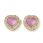 Resin Sew on Rhinestone, with Brass Micro Pave Cubic Zirconia Findings, Cadmium Free & Nickel Free & Lead Free, Heart, Real 18K Gold Plated, Pearl Pink, 9.5x9.5x6.5mm, Hole: 0.6mm(KK-P283-01B-G)