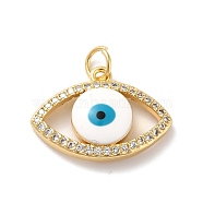 Rack Plating Brass Micro Pave Cubic Zirconia Pendants, with Enamel, Real 18K Gold Plated, Long-Lasting Plated, Lead Free & Cadmium Free, Eye with Evil Eye, White, 14x20x4.5mm, Jump Ring: 4.7x0.7mm, 3.3mm Inner Diameter(KK-E281-20G)