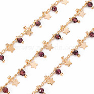 Handmade Brass Curb Chains, with Glass Beads, Soldered, Spool, Star, Real 18K Gold Plated, Old Rose, 2.8x1.7x0.3mm, about 16.4 Feet(5m)/roll(CHC-S012-020C)
