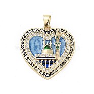 Rack Plating Brass Micro Pave Clear Cubic Zirconia Pendants, with Enamel, Long-Lasting Plated, Lead Free & Cadmium Free, Heart with Castle Charms, Cornflower Blue, 28x27.5x4mm, Hole: 3.5x5mm(KK-H474-24A-04G)