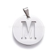 201 Stainless Steel Pendants, Flat Round with Letter, Stainless Steel Color, Letter M, 20x1.3mm, Hole: 4x3mm(STAS-L221-33M)