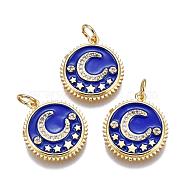 Brass Micro Pave Cubic Zirconia Pendants, with Enamel, Flat Round with Moon and Star, Golden, Blue, 18x16.5x2mm, Hole: 3.5mm(KK-O113-04G-C)