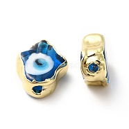 Handmade Evil Eye Lampwork Beads, with Golden Plated  Brass Edge, Long-Lasting Plated, Hamsa Hand, Royal Blue, 15~17x11.5~12.5x5~5.5mm, Hole: 1.8mm(LAMP-F026-03G)