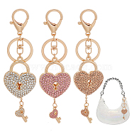 WADORN 3Pcs 3 Colors Heart Padlock Rhinestones Pendant Keychain with Heart Key Charm, with Alloy Findings, for Bag Purse Car Ornament, Mixed Color, 15cm, 1pc/color(KEYC-WR0001-46)