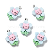 Opaque Resin Pendants, with Platinum Tone Iron Loops, Flower with Cat, Light Cyan, 26.5x19x8mm, Hole: 2mm(X-RESI-D055-082P)