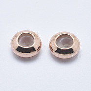 Brass Beads, with Silicone, Slider Beads, Stopper Beads, Rondelle, Cadmium Free & Nickel Free & Lead Free, Real Rose Gold Plated, 7x3.5mm, Rubber Hole: 2mm(KK-P056-01RG-NR)