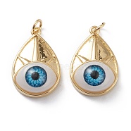 Brass Pendants, with Acrylic and Jump Rings, Real 18K Gold Plated, Eye, Long-Lasting Plated, Blue, 24.5x16x7.5mm, Hole: 3mm, Jump Ring: 5x1mm(KK-Z006-02A)