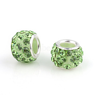 Polymer Clay Rhinestone European Beads, Large Hole Beads, Rondelle, with Silver Color Plated Brass Cores, Peridot, 10~12x7~8mm, Hole: 5mm, Rhinestone: pp17((2.3~2.4mm)(CPDL-S007-06)