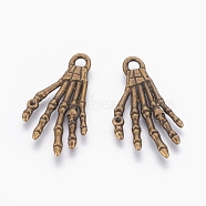 Tibetan Style Alloy Pendants, Hand Skull for Halloween, Lead Free & Nickel Free, Antique Bronze, 36x19x2mm, Hole: 3mm(TIBEP-5291-AB-FF)