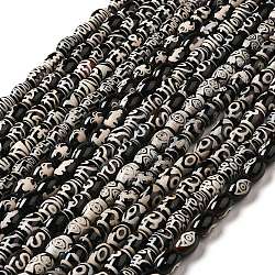 Tibetan Style dZi Beads Strands, Natural & Dyed Agate Beads, Rice, Black, Mixed Patterns, 13~14x9.5~10mm, Hole: 1.4mm, about 25pcs/strand, 13.58 inch(34.5cm)(G-F726-A)