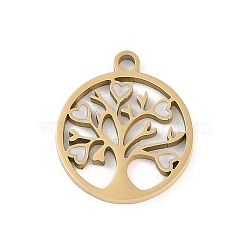 304 Stainless Steel Enamel Pendants, Flat Round with Tree of Life Charms, Real 18K Gold Plated, Ion Plating(IP), White, 17x15x1.3mm, Hole: 1.7mm(STAS-I325-060G)