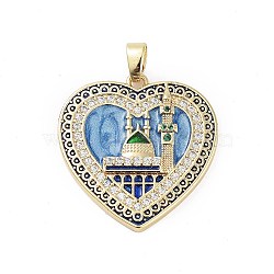 Rack Plating Brass Micro Pave Clear Cubic Zirconia Pendants, with Enamel, Long-Lasting Plated, Lead Free & Cadmium Free, Heart with Castle Charms, Cornflower Blue, 28x27.5x4mm, Hole: 3.5x5mm(KK-H474-24A-04G)