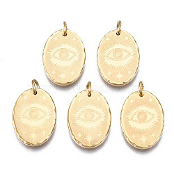 316 Surgical Stainless Steel Pendants, with Jump Rings, Oval with Eye, Real 14K Gold Plated, 18x13x2mm, Hole: 3mm, Jump Ring: 5x1mm, 3mm inner diameter(STAS-N097-014)