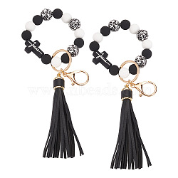 ANATTASOUL 2Pcs Silicone with PU Leather Pendant Decorations, with Tassel and Alloy Clasps, Black, 180mm(HJEW-AN0001-01)