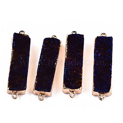 Natural Druzy Agate Links Connectors, with Light Gold Brass Findings, AB Color Plated, Dyed, Cuboid, Indigo, 43~46x10~12x9~12mm, Hole: 1.8mm(G-T131-89B)