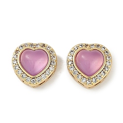 Resin Sew on Rhinestone, with Brass Micro Pave Cubic Zirconia Findings, Heart, Real 18K Gold Plated, Pearl Pink, 9.5x9.5x6.5mm, Hole: 0.6mm(KK-P283-01B-G)