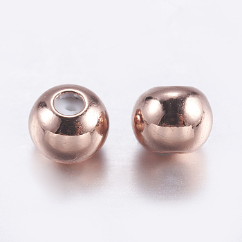 Brass Beads, with Rubber Inside, Slider Beads, Stopper Beads, Round, Rose Gold, 4x3mm, Rubber Hole: 0.9mm
