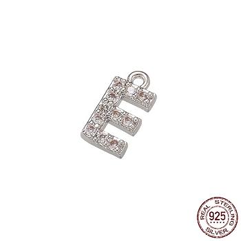 Real Platinum Plated Rhodium Plated 925 Sterling Silver Micro Pave Clear Cubic Zirconia Charms, Initial Letter, Letter E, 9.5x4.5x1.5mm, Hole: 0.9mm