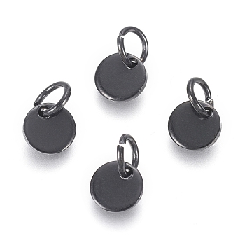 304 Stainless Steel Charms, with Jump Rings, Blank Stamping Tag, Flat Round, Electrophoresis Black, 6x0.7mm, Hole: 3.5mm